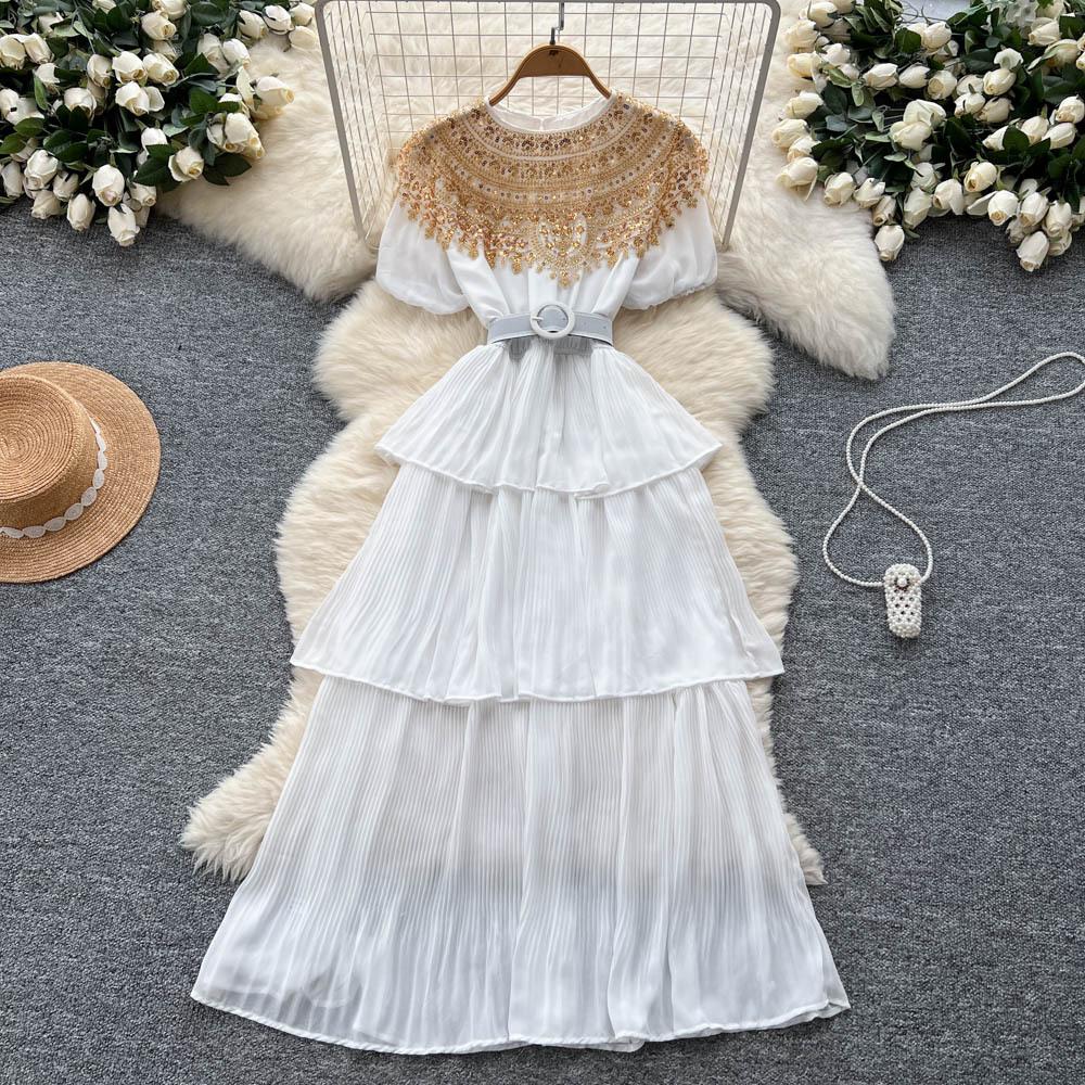 Court Style Light Luxury High-end Bubble Sleeve Dress Women's Summer Heavy Industry Sequin Design Beautiful Temperament Cake Dress