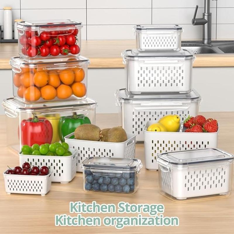 Contenants de stockage alimentaire 17 pièces pour l'organisation de la cuisine Comprend 7 couvercles 7 boîtes 3 paniers égouttoirs Idéal pour fruits et légumes
