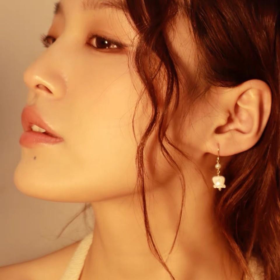 Lily of the Valley" Natural Shell Engraved Freshwater Pearl Earrings 14k Gold, Daily Wear Literary and Fresh Earrings