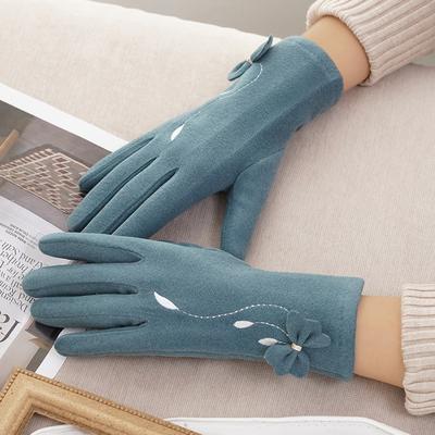 Warm Thick Gloves Bow Decor Embroidered Gloves Stretch Waterproof Touch Screen Gloves Casual Outdoor Cycling Gloves