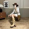 Fashion New Fold Women's Vintage Brown Metal Belt Buckle Western Cowboy Boots Square High Heel Long Boots Fashion Knight Boots 2025