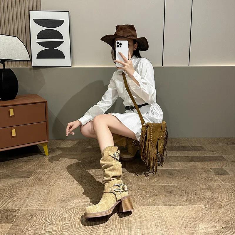 Fashion New Fold Women's Vintage Brown Metal Belt Buckle Western Cowboy Boots Square High Heel Long Boots Fashion Knight Boots 2025