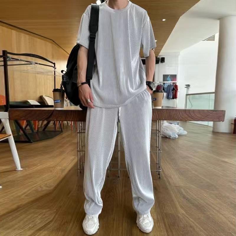 Men's Summer Thin Casual Plus Size Sports Suit Quick Drying Short Sleeved T-shirt+long Pants Daily Simple Two-piece Set