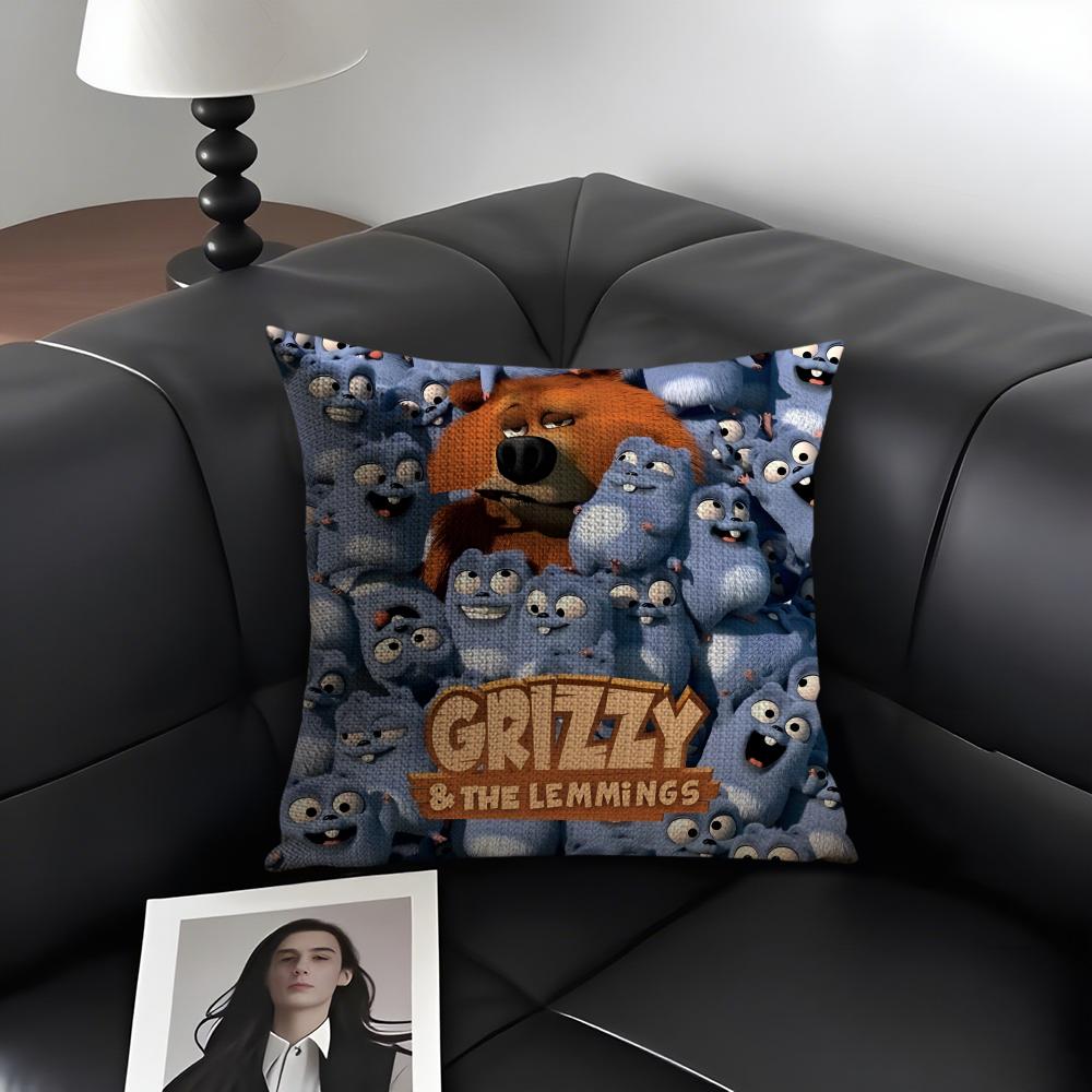 Federa per Cuscino G-Grizzly e L-Lemming Lino Naturale Tessuto Biologico Stampa Double-Sided Divano Decorazione Casa Regalo Federa