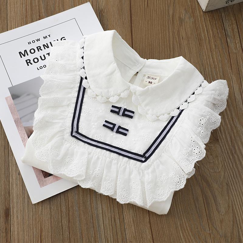 Girls' White Lace Trim T-shirt with Turn-down Collar - Autumn Style