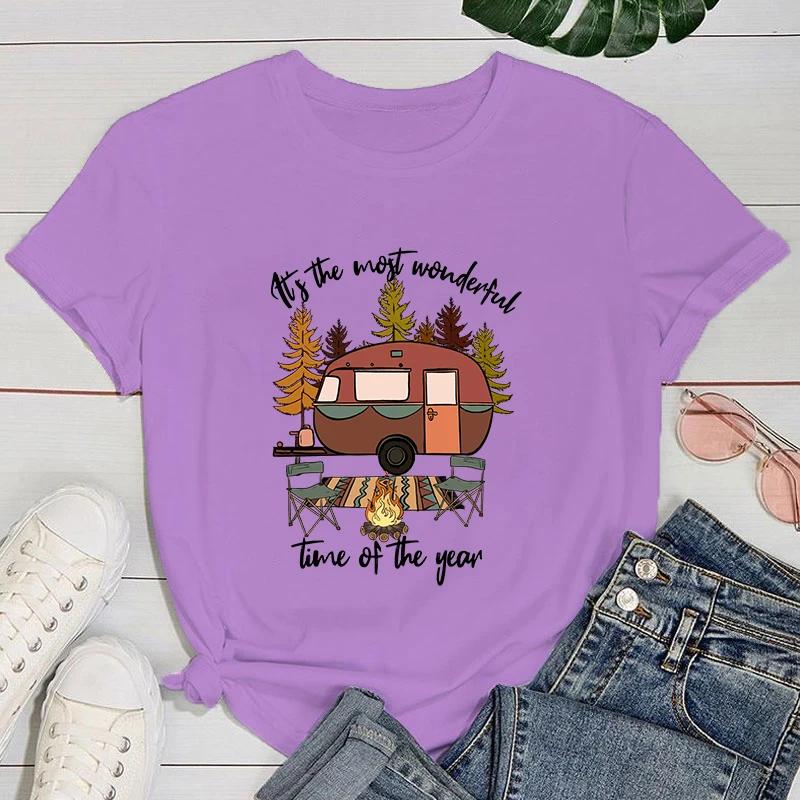 (Premium T-shirt)Funny Camping It'S The Most Wonderful Time Of The Year Print T-Shirts For Women Summer Round Neck Tee Shirt