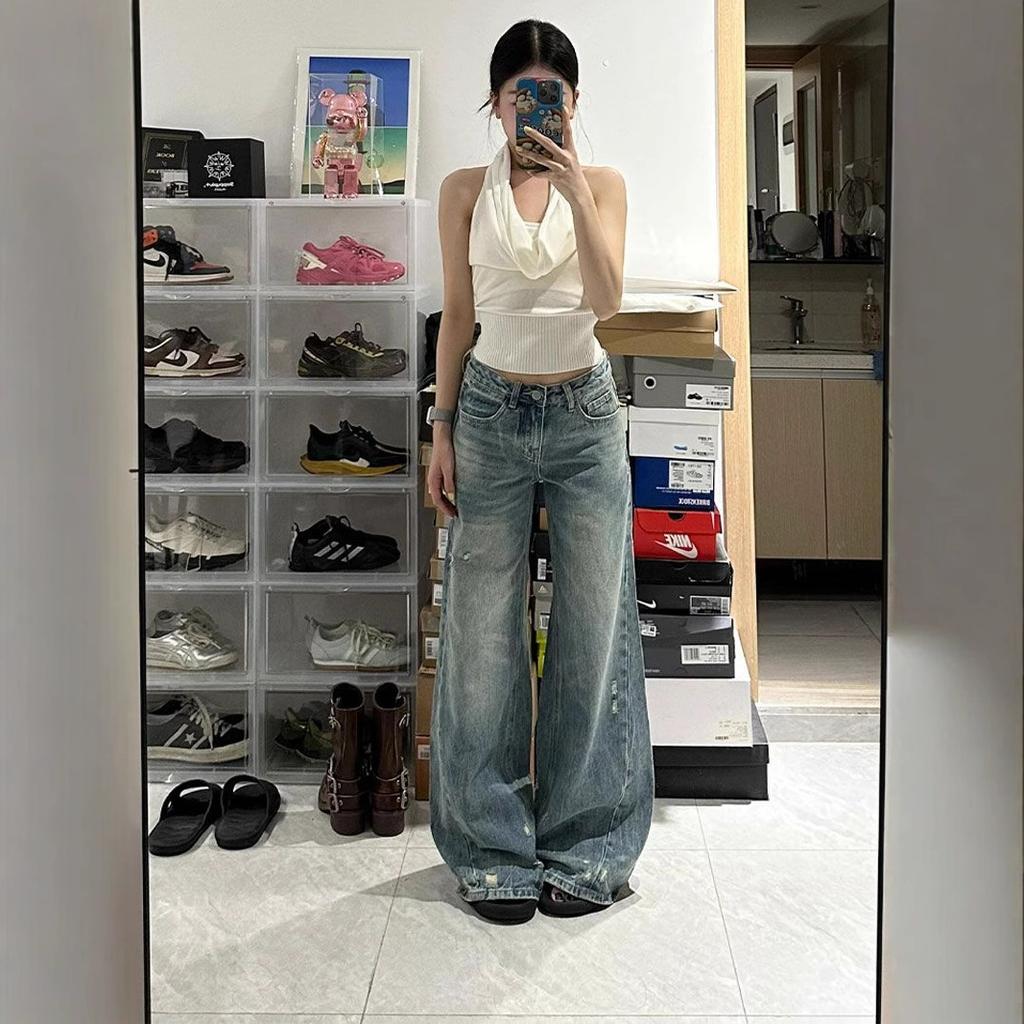 Women's Large Size Blue Abraded Micro-labelled Denim Trousers Straight Loose Pear Shaped Flesh Covering Wide Legged Dragging Floor Trousers