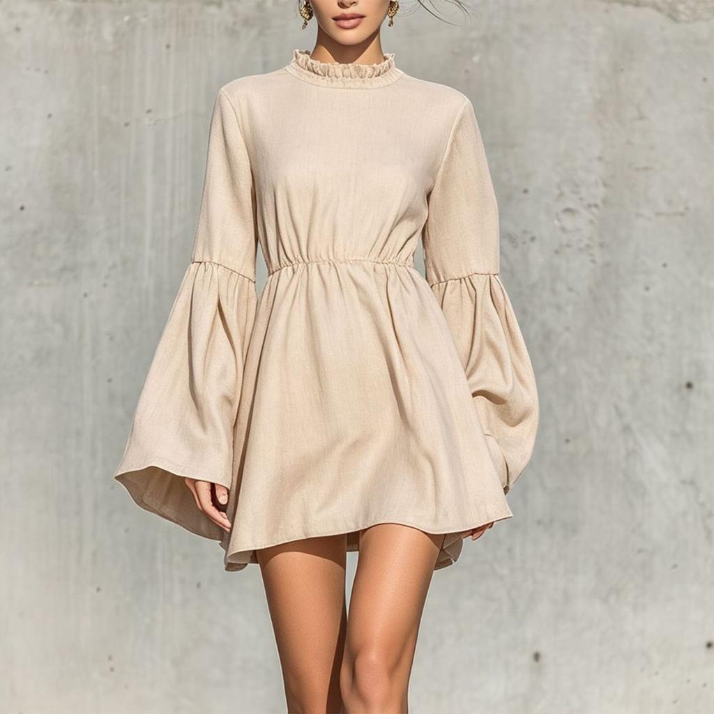 Women's Stylish Color Long Sleeve Neck Ruffle Dress with Elastic Waist
