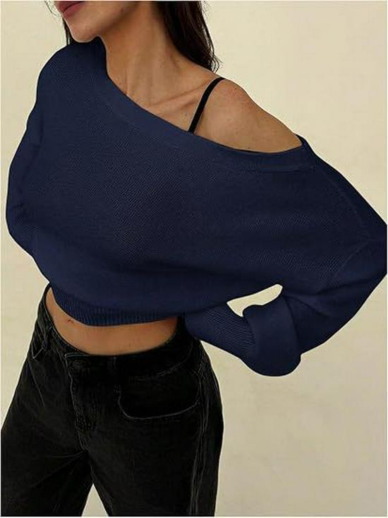 2026 Autumn/Winter European American Off-Shoulder Knit Sweater - Women's Solid Color Pullover, Long Sleeve Top