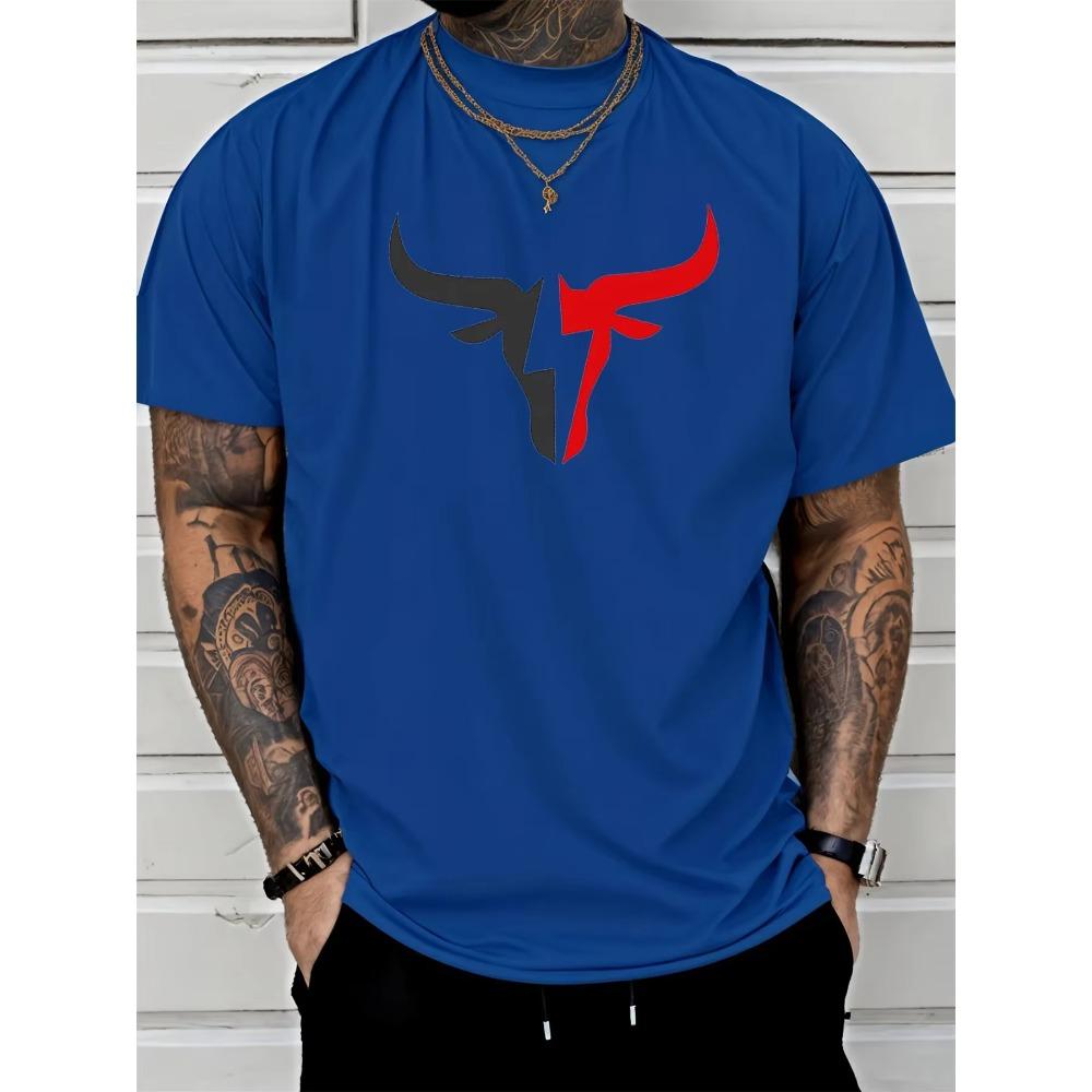 Summer men's 100% cotton comfortable casual loose fit plus size bull pattern print sports round neck short sleeved T-shirt top