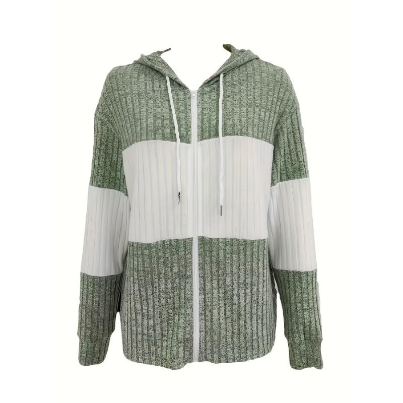 Autumn Zipped Patchwork Color Women's Hoodies Drawstring Long Sleeve Ladies Striped Knitwear Woman Fashion Loose Fit Sweatshirts