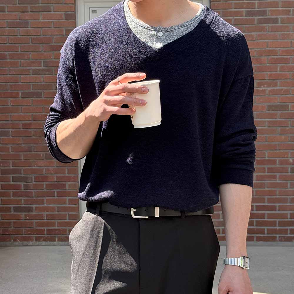 BYMONO [Big Sizes Xl-6Xl] Mono Layered Henley Neck Knit