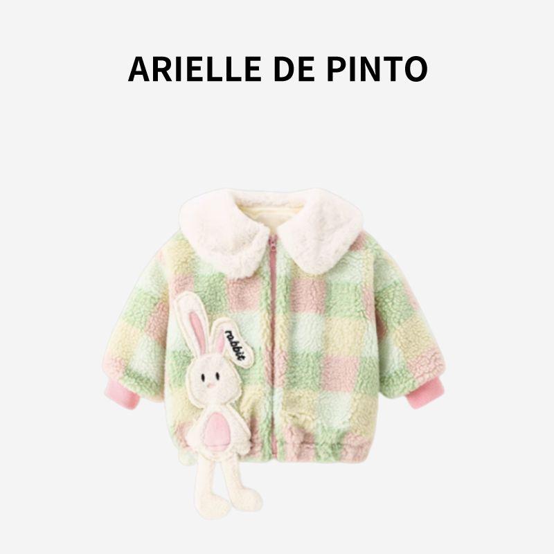 French Arielle De Pinto Girls  Outwear Autumn and Winter Style Fashionable Baby Girl Rabbit Lamb Wool Clothing Green 130