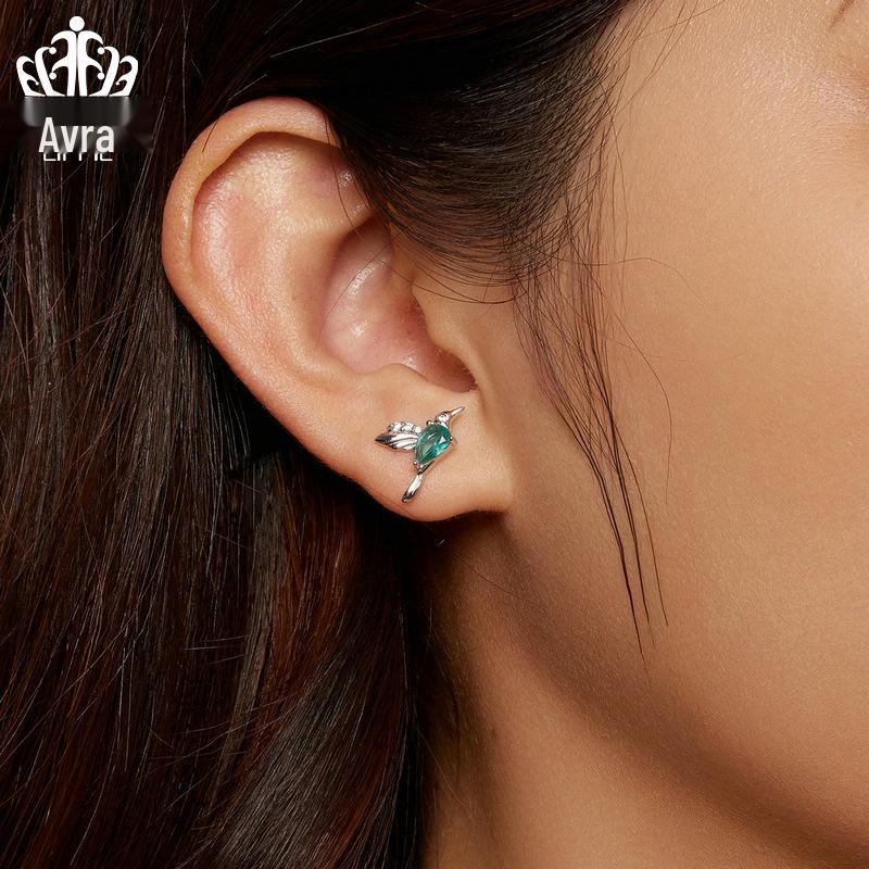 Avle S925 Sterling Silver Light Green Teardrop Hummingbird Earrings