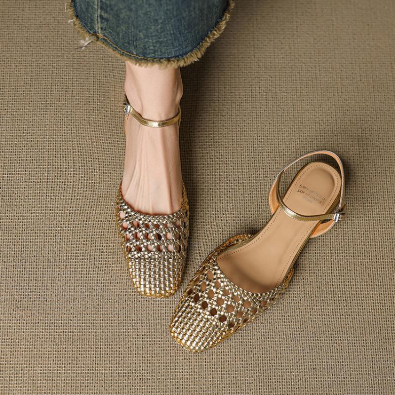 New one-word mesh thick-heeled sandals French retro woven hollow women's shoes low-heeled toe shoes women's summer