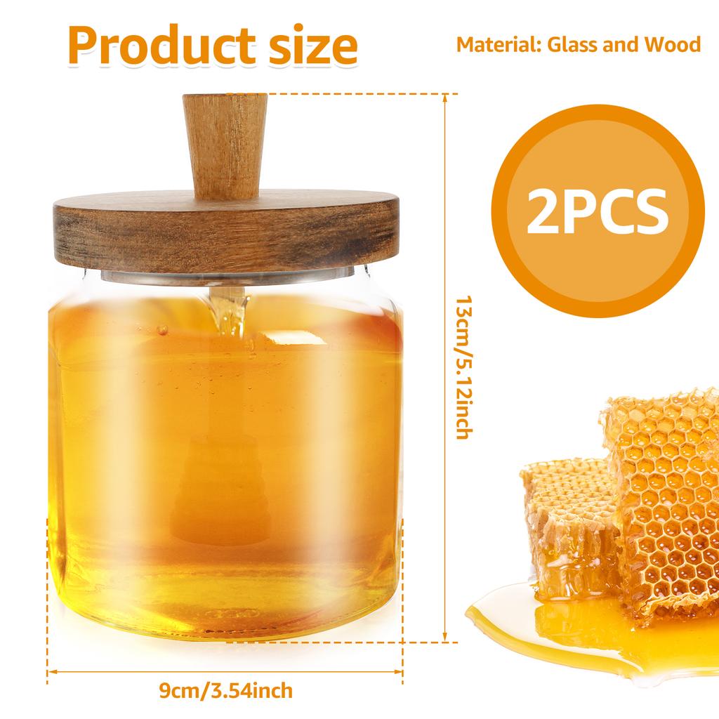 2 PCS Glass Storage Bottles Honey Jars w/ Dipper and Lid Wide Mouth Honey Containers Syrup Dispenser for Storing Honey and Syrup