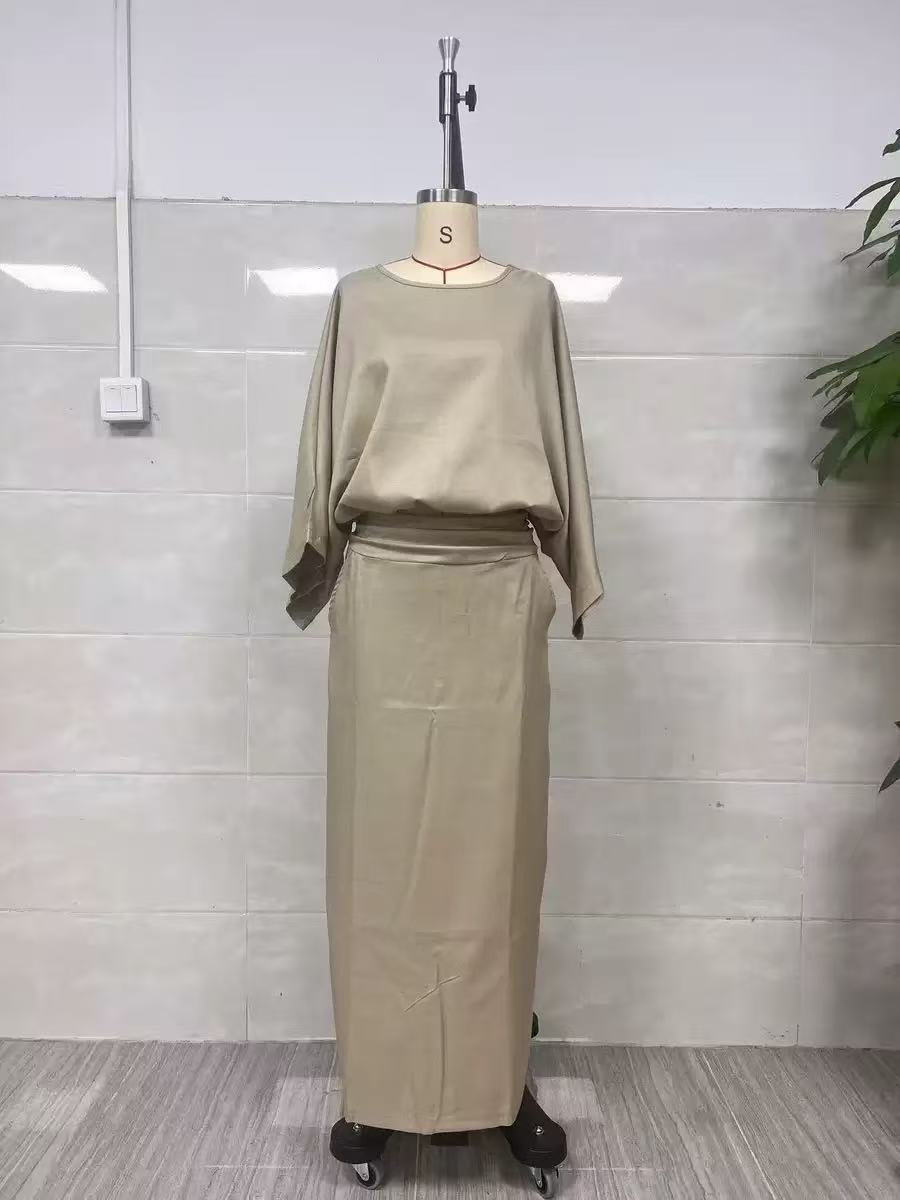 Cross-border foreign trade cotton-linen fashion set, bat sleeve top, pocket slit half-length long skirt two-piece set S абрикосовый
