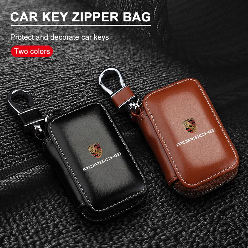 1Pcs Leather Emblem Car Key Case Keychain Zipper Key Case Bag For Porsche Cayenne Panamera Macan Boxster 911 Carrera-GT 944 918 917
