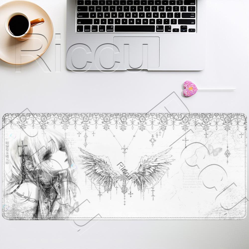 Anime Ästhetik Engel Mauspads Schwarz Weiß Mauspads Büro xmm PC Gaming Tastatur E-Sport Teppiche HD-Druck Schreibtischunterlage 300x800x2mm white