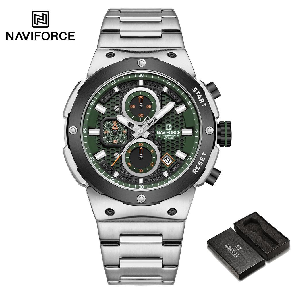 Naviforce Męski Zegarek Kwarcowy Wskazówkowy Stoper Chronograf Wodoodporny Pasek Ze Stali Nierdzewnej Kalendarz Luminescencyjny Męski Chłopięcy Modny Zegarek Casualowy NF8072