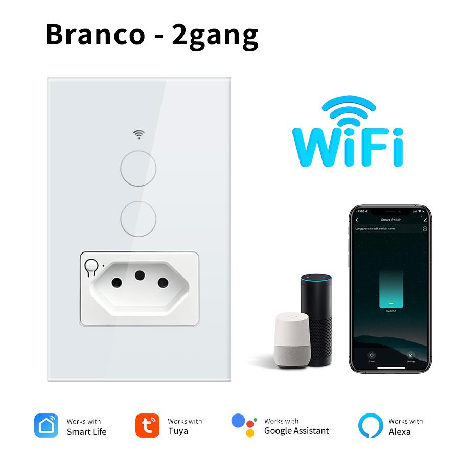 Tuya WiFi Smart Light Switch with Socket Brazil Standard Wall Touch Switches 10A Smart Plug Outlet Work With Alexa Google Home