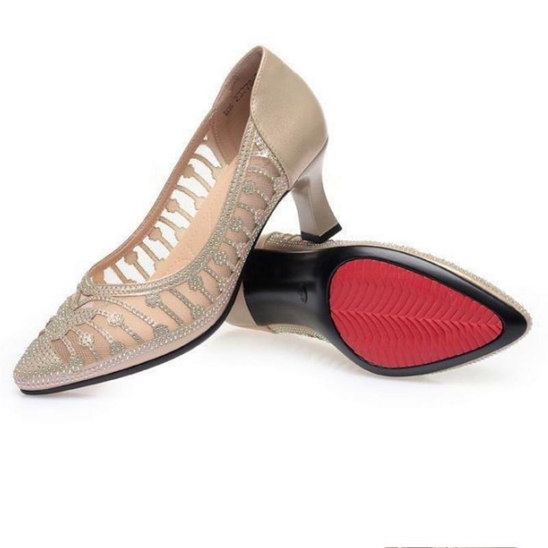 FHANCHU 2025 New Spring Women Pumps,Mesh Shoes,Rhinestone High Heels,Slip On,Pointed Toe,Black,Champagne,Dropship