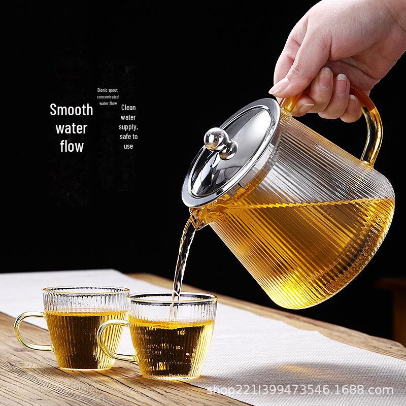 High-Temperature Resistant Glass Teapot with Vertical Pattern and Stainless Steel Filter for Brewing Scented Tea