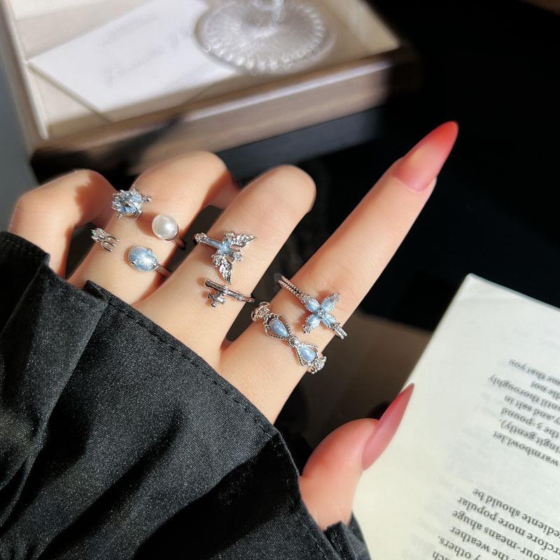 Modern Blue Glaze Crescent Ring: Stackable, Elegant & Versatile for Women