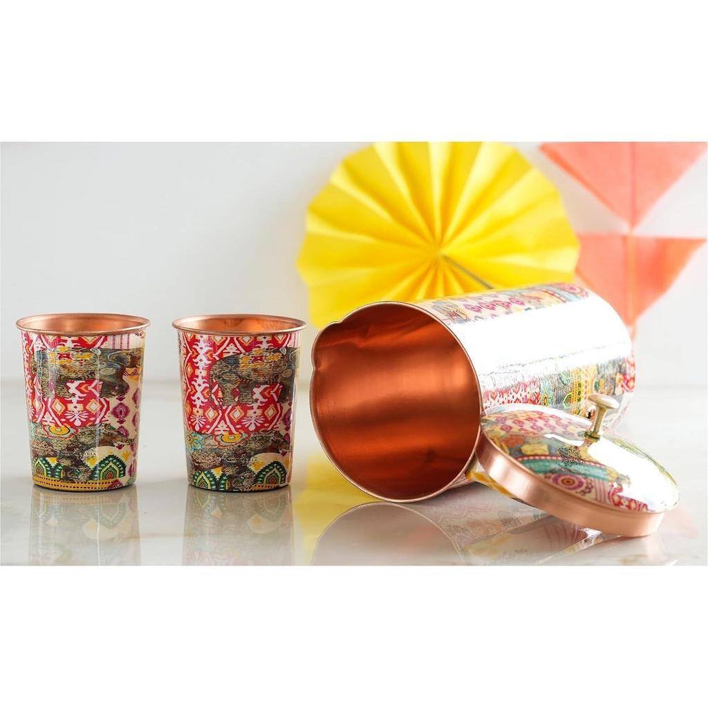 Meena Padharo Mhare Desh Theme Copper Gift Set of 1 Jug & 2 Glass - Perfect for Home, Office, and Gifting, Jug-1.5 Litre & Glass-270 ML Each
