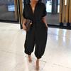 Retro Leopard Print Women's Loose Casual Short Sleeve Button Pants Jumpsuit Large Size