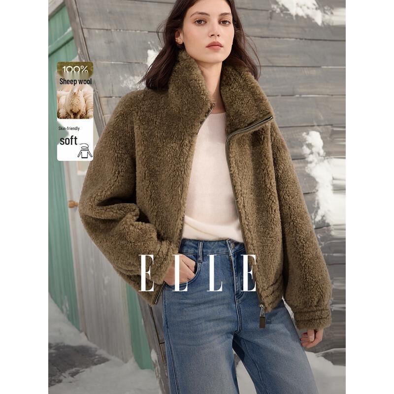 ELLE 100% Merino Wool French Retro Loose Plush Short Coat M