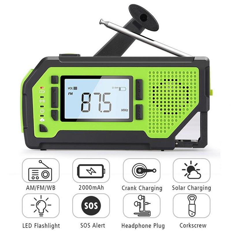 Outdoor Emergency Multifunction Radio Solar Radio Crank Generator Powered AM/FM/NOAA with LCD Screen LED Torch Power Bank SOS
