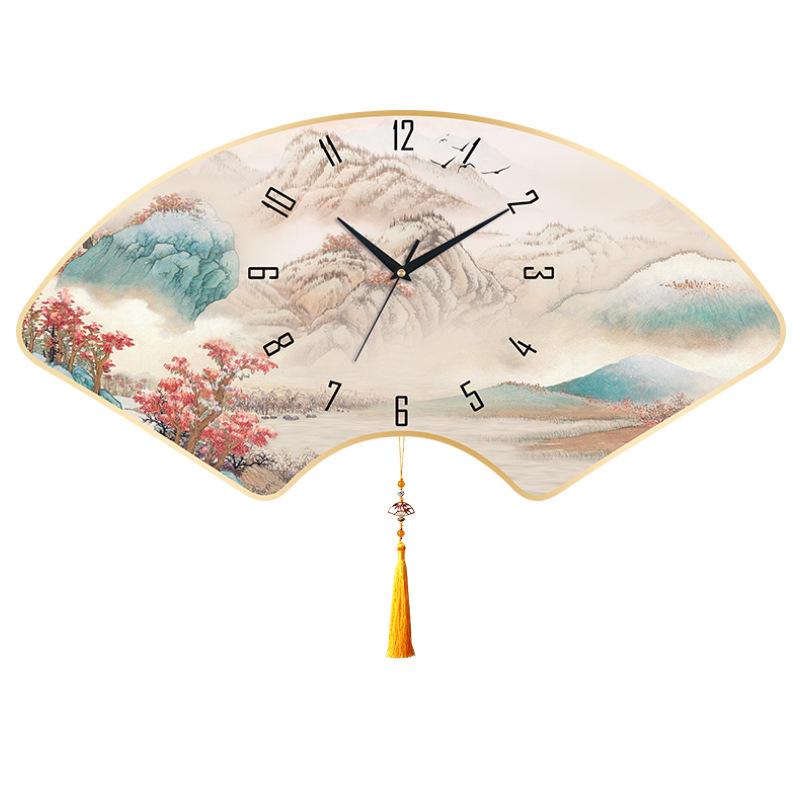 New Chinese Style Silent Wall Clock Home Living Room Wall Quartz Clock Bedroom Wall Clock Calendar Clock Fan-shaped Creative Clock