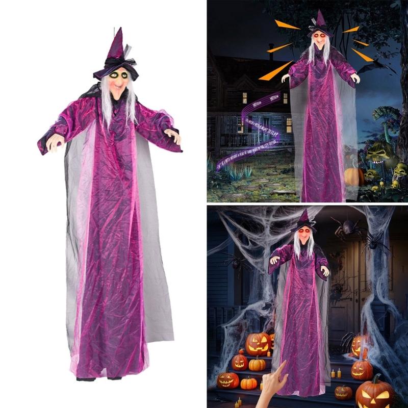 Sound Activated Halloween Witch Ornament with Illuminated Eyes Portable Hanging Decoration for Haunting Celebration
