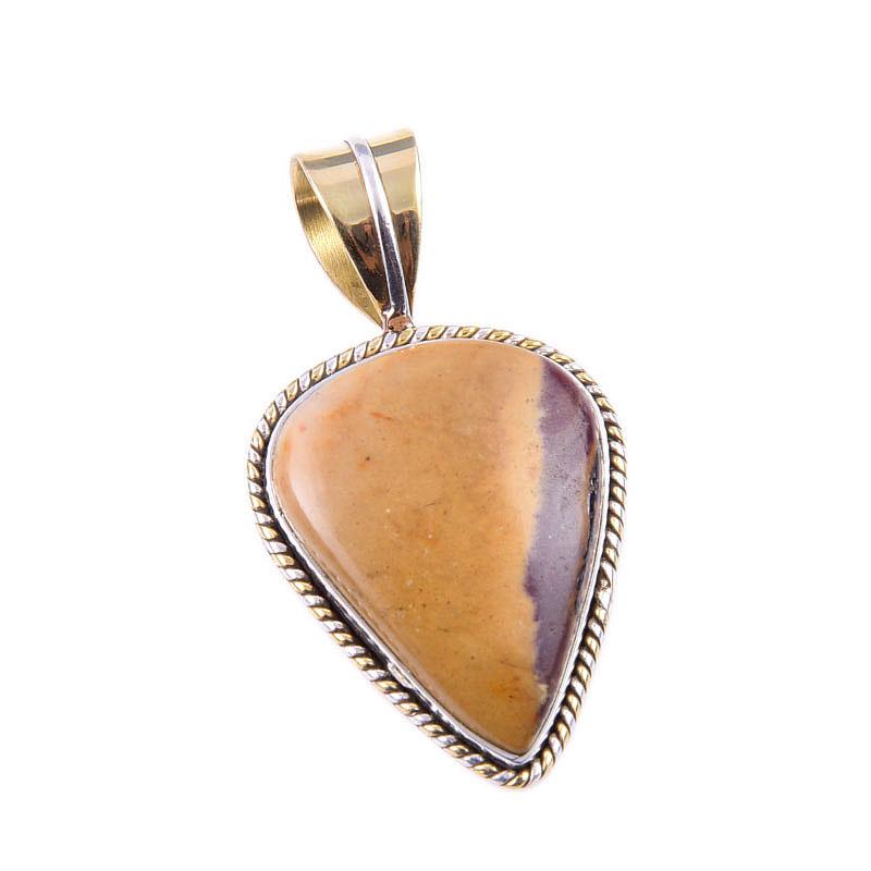 Natural Mookaite Gemstone 925 Solid Sterling Silver Two Tone Pendant 1.25" L5c90