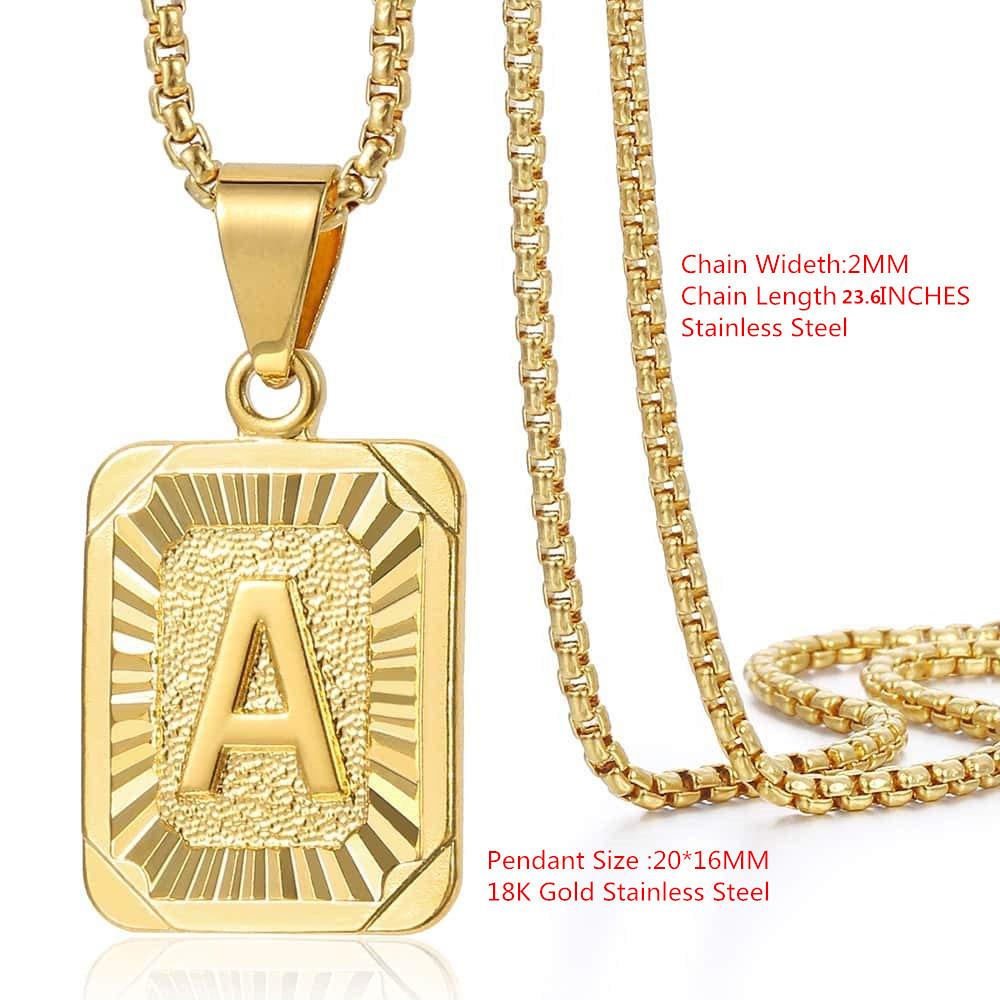 European Retro 18K Stainless Steel Unisex Pendant Necklace with Pearl and 26 English Letters Square Plate
