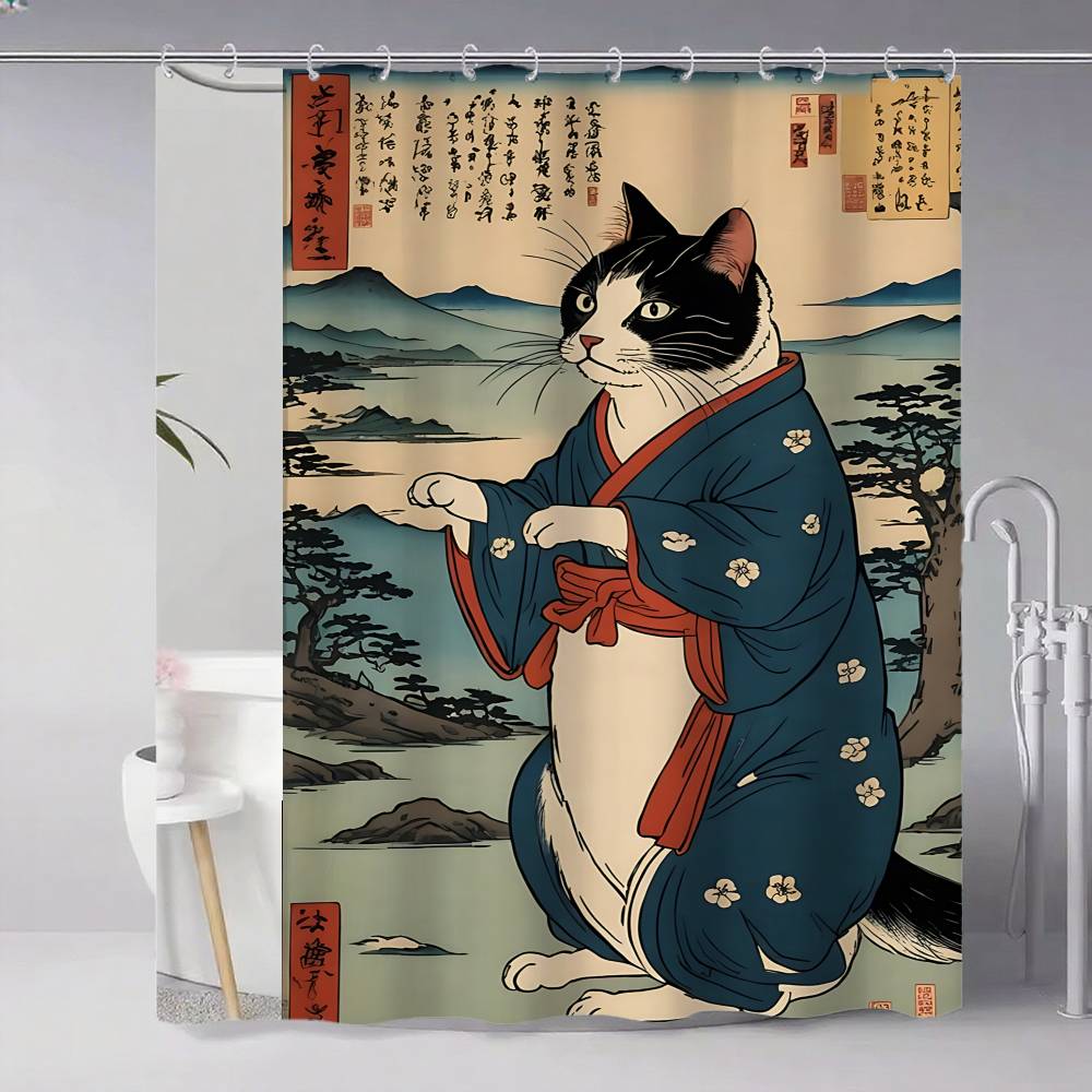 Japanese Cat Classic Vintage 1pc Pattern Shower Curtain Plus Hooks Waterproof Machine Washable Polyester Fabric Abstract