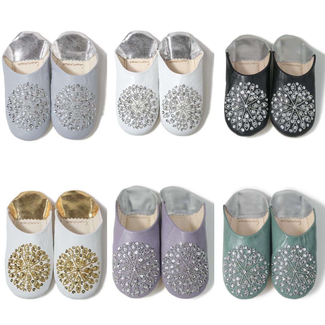

Odorless Leather Babouche Morocco Leather Room Cocomorocco Gift for New Moving Japanese Shoe Weight [cocomorocco] Slippers, (Silver Collection),