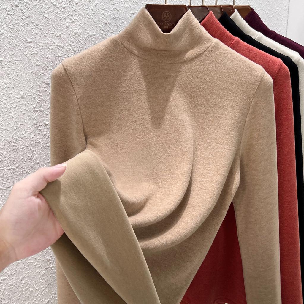Autumn and winter women's clothing containing wool and silk bottoming shirt women's inner heating fleece warm turtleneck top with fleece and thicker