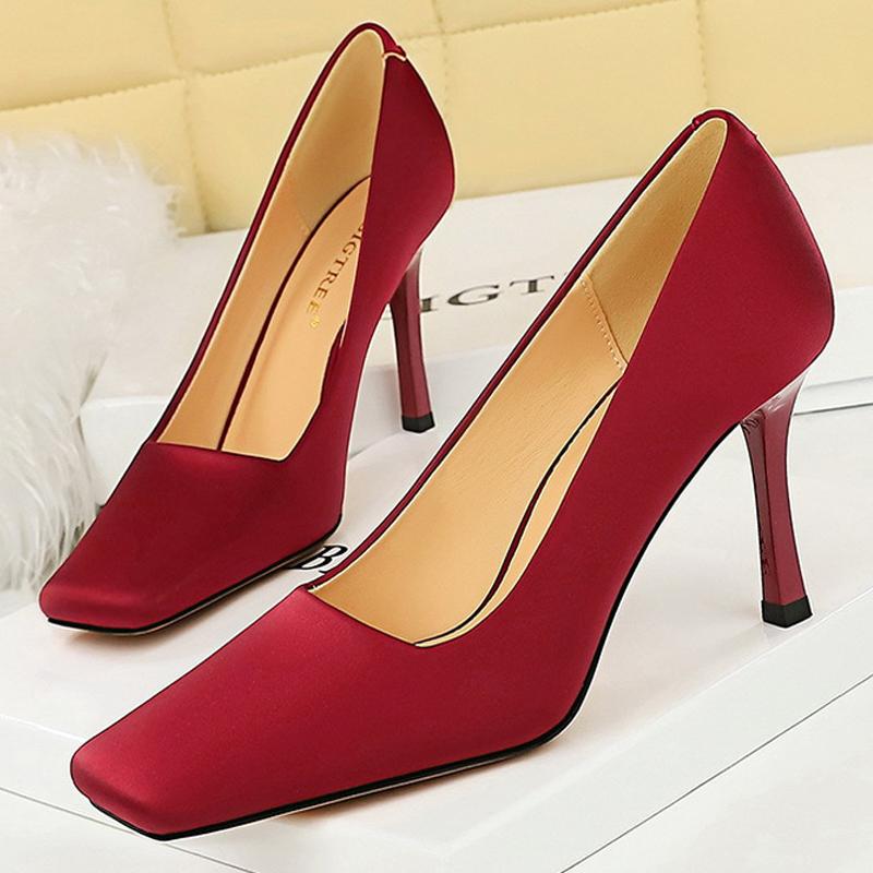 2025 Spring New Women Pumps Silks Satins High Heels Women 8.5 Cm Stilettos Square Toe Ladies Heels Versatile High-heeled Shoes
