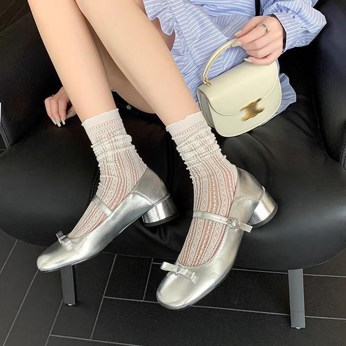 Spot version~ Soft leather bow silver light mouth single shoes women's 2025 new one-word buckle French retro Mary Jane