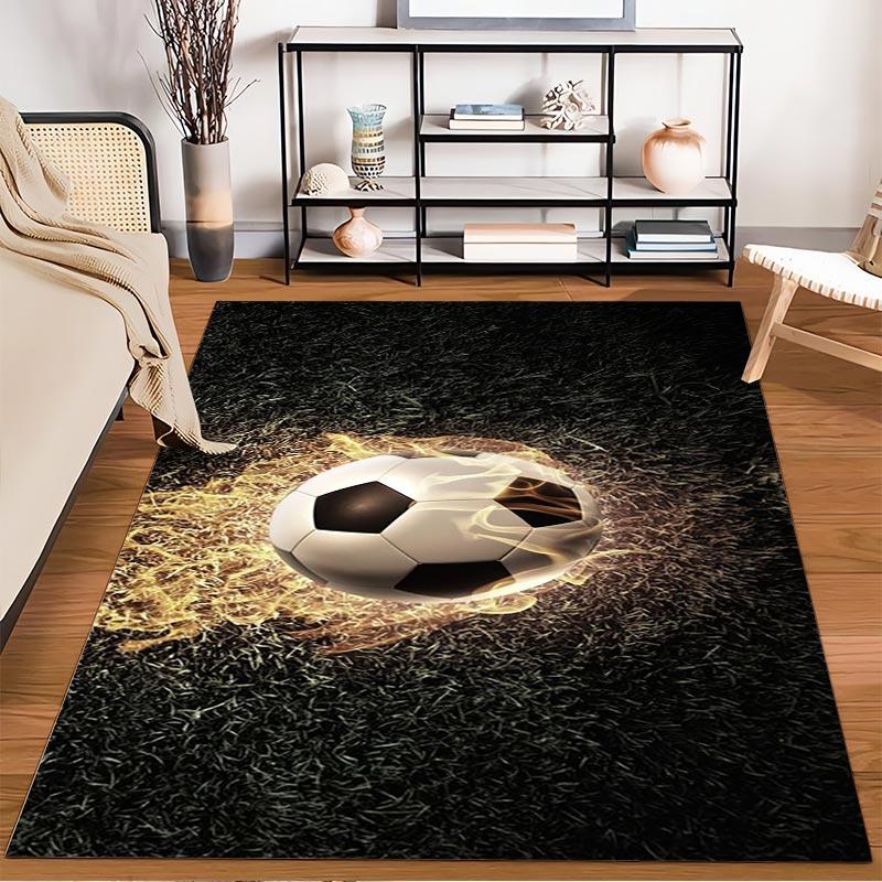 Fiery Soccer Ball Rug with Black Grass Background, Modern Design Suitable for Use As an Anti-slip for Living Room Bedroom Sofas