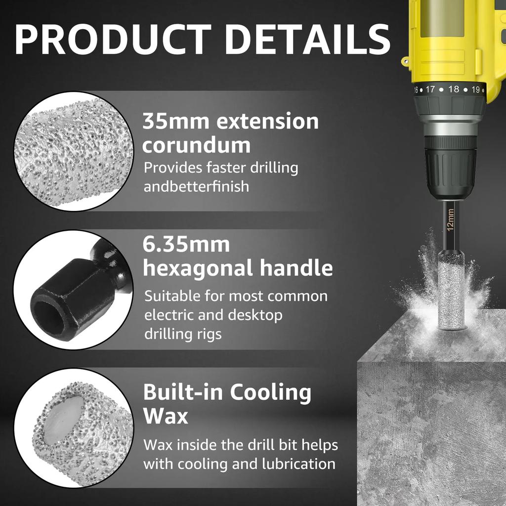 12Pcs 5-12mm Dry Diamond Drill Bits Set Vacuum Brazed Core Drill Bit Kit Quick Change Hex Shank for Porcelain Granite Marble