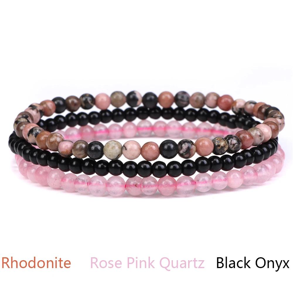 4mm Natural Stone Beads Bracelet With 3pcs Stones Rose Quartzs Amethysts Red Agates Turquoises Opal Bracelet Set For Women Men