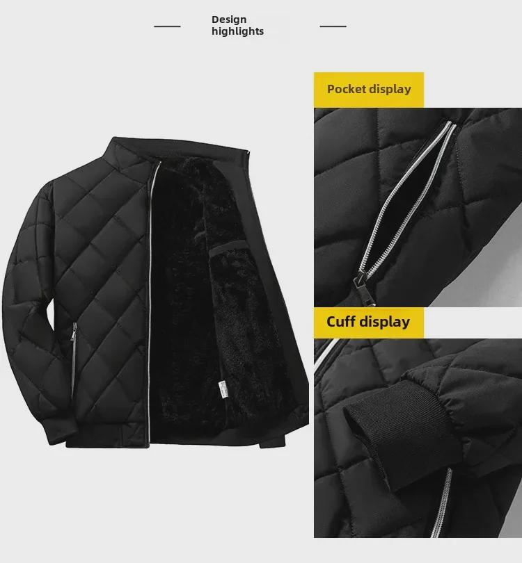 Herren Cross-Border Stehkragen Baumwollmantel: Rautenkaro, Plus-Samt, lässig, All-Match für Menschen mittleren Alters und Jugendliche.