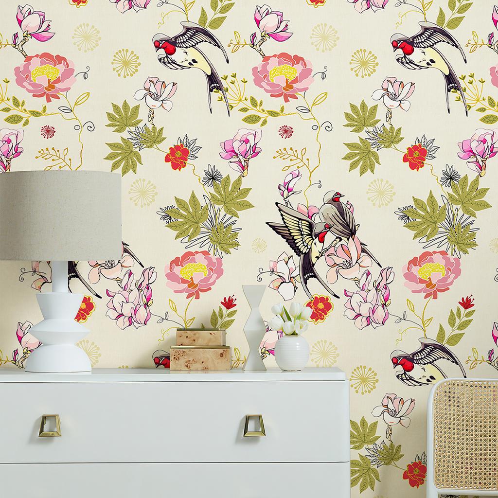 Gelbe Schwalben Abziehen und Aufkleben Tapete Retro Goldene Blätter und Blumen Wanddeko Wasserdicht Badezimmer Küche Tapetenaufkleber