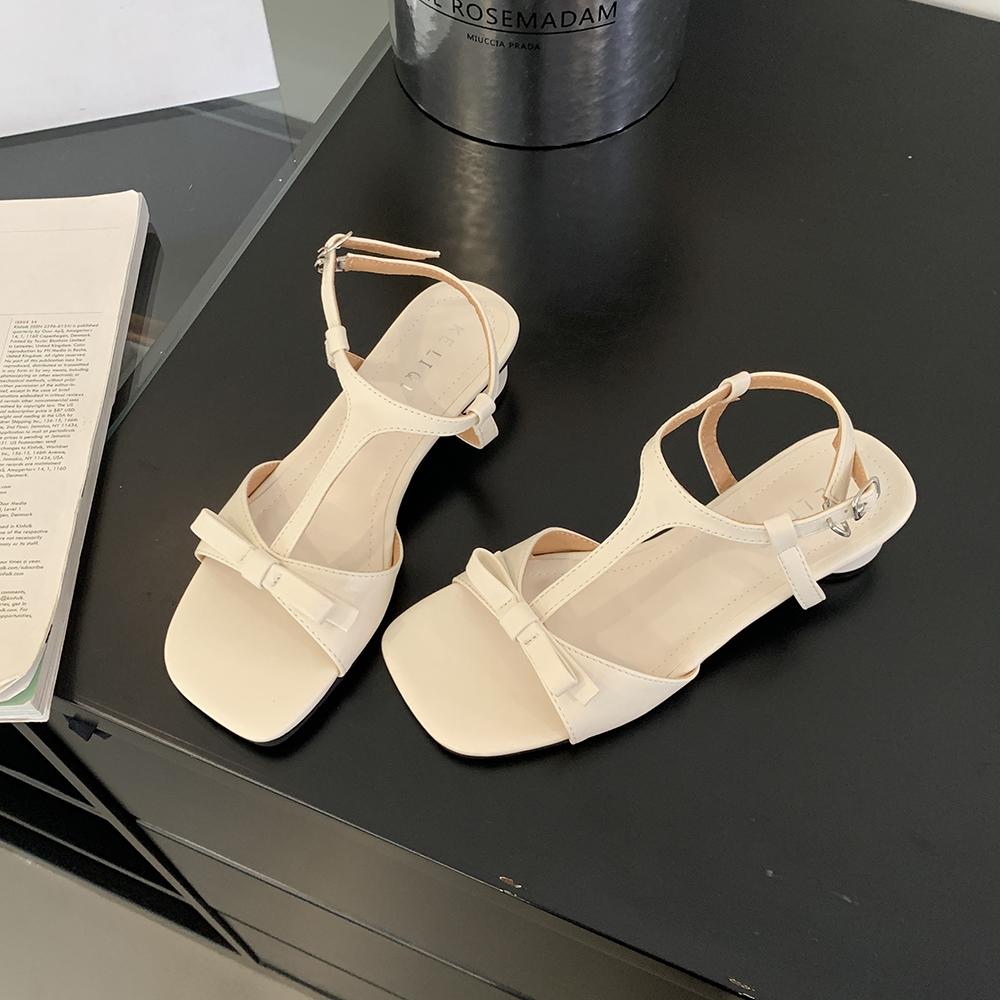 fashion Open Toe Women Sandals Beige Silver Pink Round Mid Heels Ankle Strap T Strap Summer Dress Shoes Woman Size 35-39 Bow Design