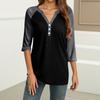Women's Fashion Casual Raglan Sleeve Colorblock V-Neck Three-quarter Sleeve Decorative Button T-shirt Top