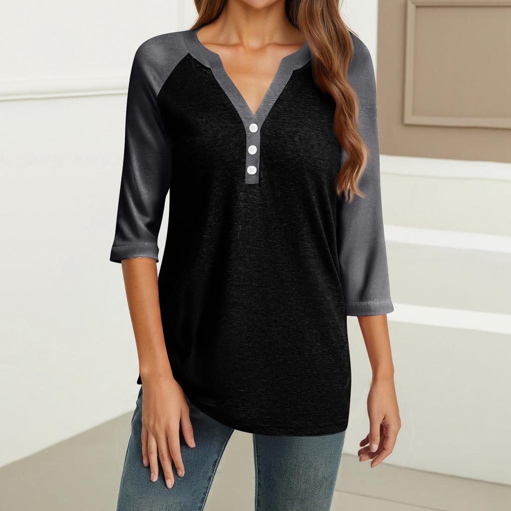 Women's Fashion Casual Raglan Sleeve Colorblock V-Neck Three-quarter Sleeve Decorative Button T-shirt Top