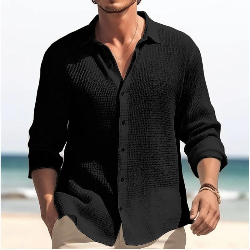 Camisa de Manga Larga de Color Sólido para Hombre de Primavera Otoño Camisa Informal con Cuello Calado Top de Calidad